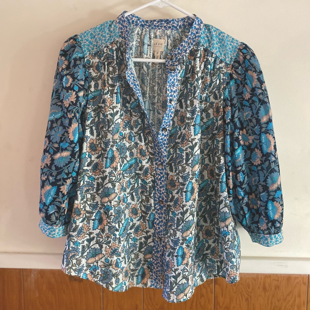 Rebecca Taylor La Vie Blue Floral Boho Top in Size XS